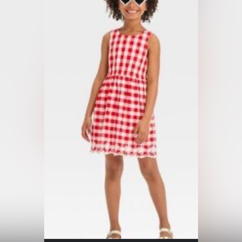 Cat & Jack Girls Dress Red & WHITE plaid Star Embroidered XL(14)